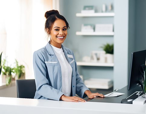 Dental receptionist smiling at the front desk